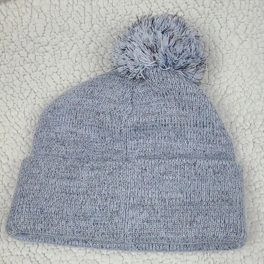 UNICORN Embroidered Light Blue Fuzzy Pom Pom Beanie Knit Winter Hat One Size NEW